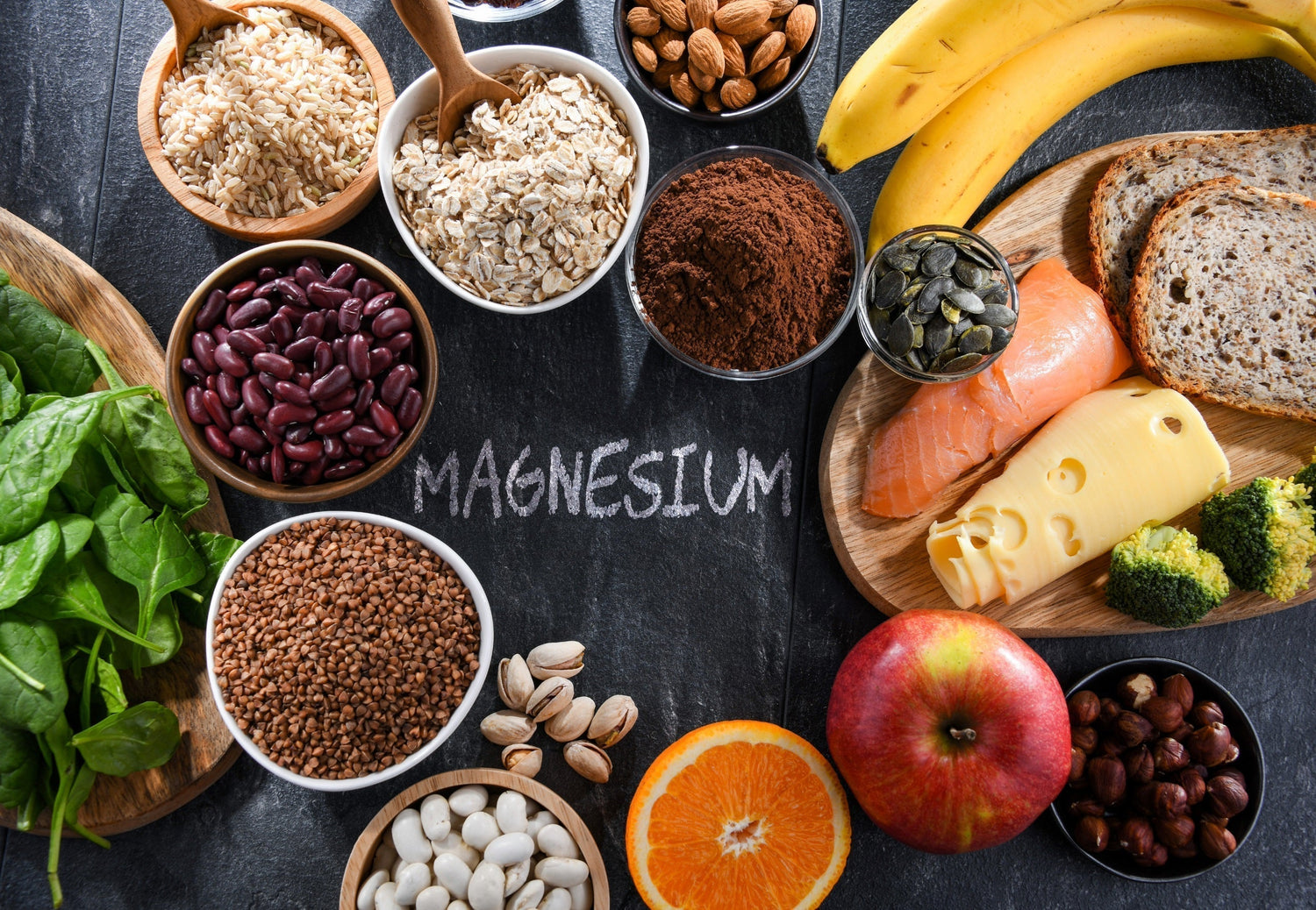 A visual guide to magnesium-rich foods such as nuts, seeds, legumes, and leafy vegetables
