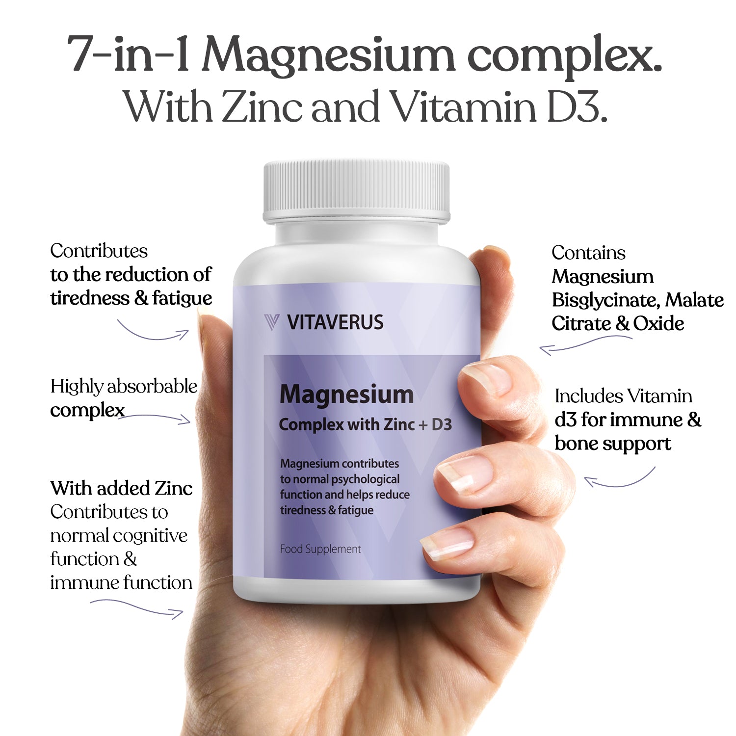 Vitaverus magnesium complex with zinc and vitamin D3 supplement held in a hand against a white background.