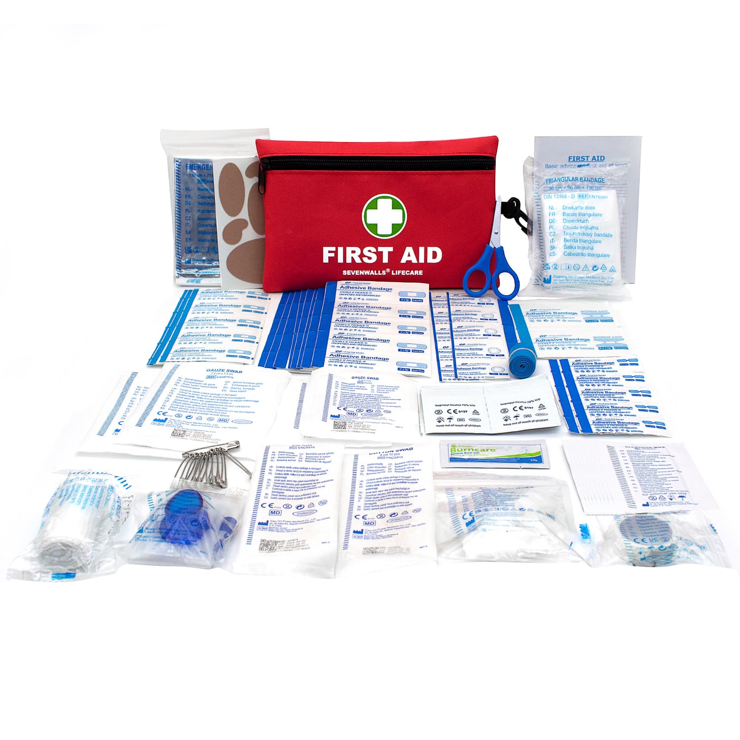 Camping first aid kit with blister care and dressings