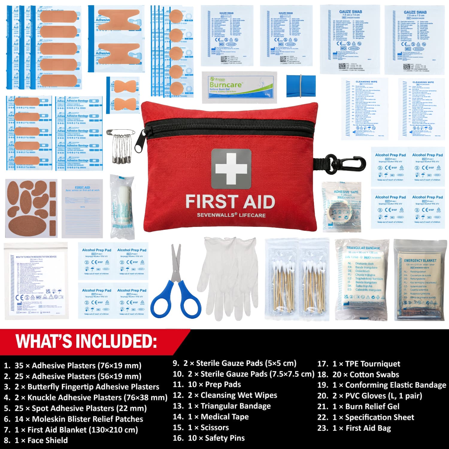 First aid kit with various components displayed against a white background