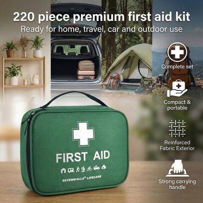 Green first aid kit with features listed on a wooden surface