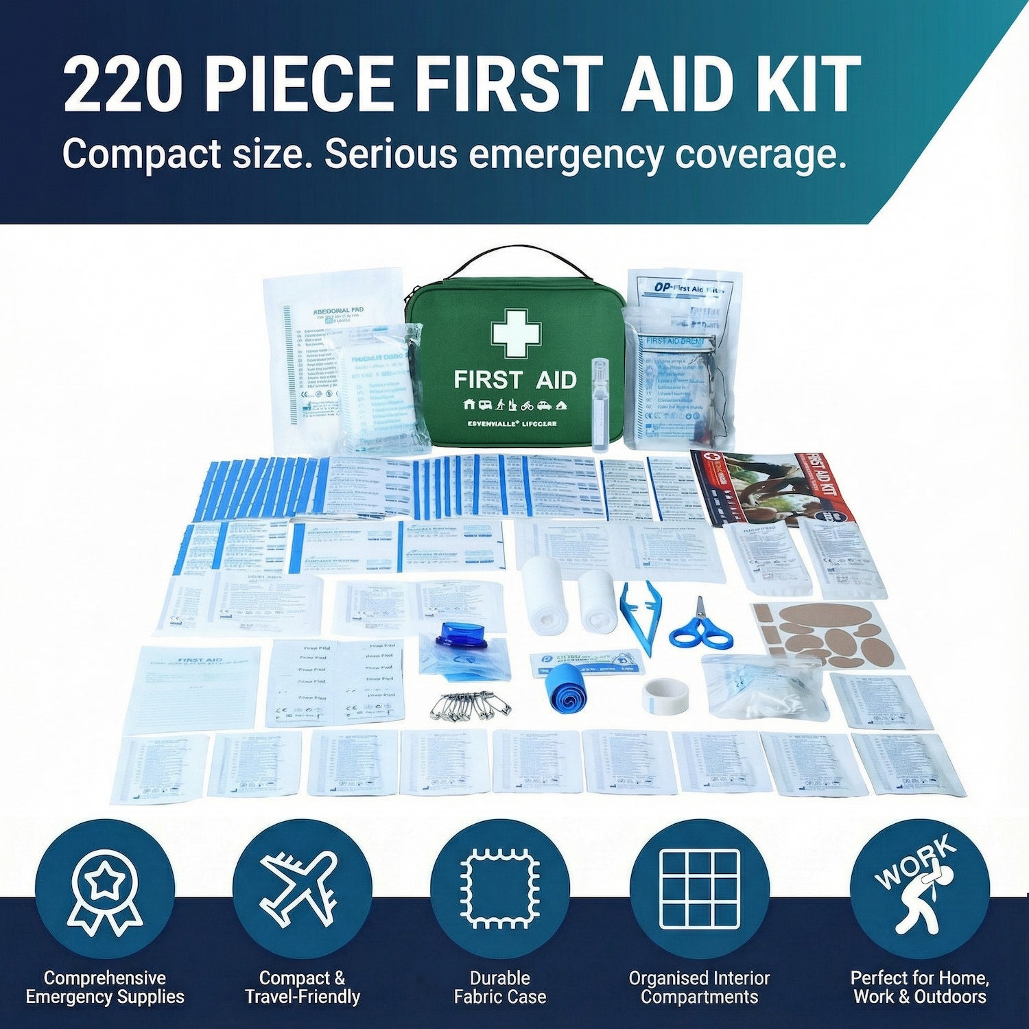 First Aid Kit 220 Pieces – Travel, Home, Car & Workplace – VITAVERUS